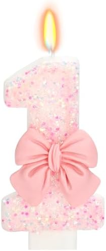 ElekFX Birthday Candle - Pink Glitter Bowknot 1 Year Old