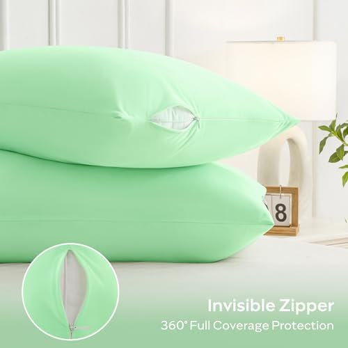JELLYMONI Pillow Protectors Set of 2 Waterproof Zippered Light Green