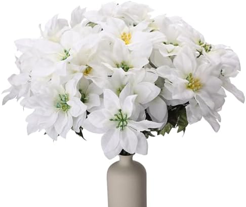6 Pack Artificial Poinsettia Bushes 138 Inch Faux White Velvet Flowers