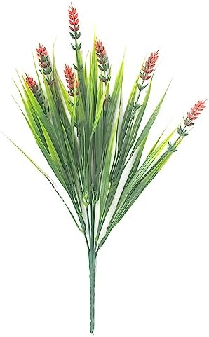 Grunyia Artificial Plants Outdoor Fake Grass with Flowers Red