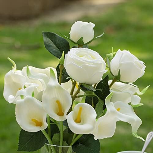 ENOVA FLORAL White Artificial Flowers with Glass Vase Set