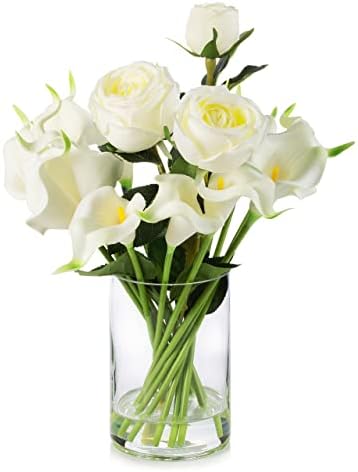 ENOVA FLORAL White Artificial Flowers with Glass Vase Set