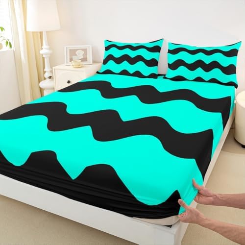 Manfei Geometric Fitted Sheet Set Queen Size Teal Black Microfiber