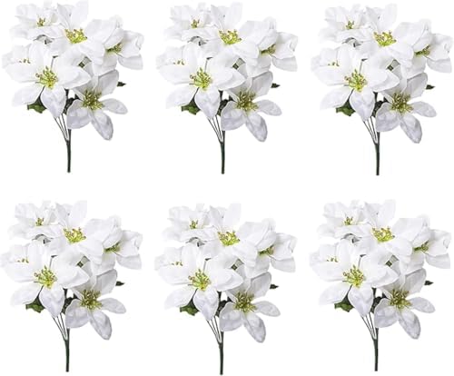 6 Pack Artificial Poinsettia Bushes 138 Inch Faux White Velvet Flowers