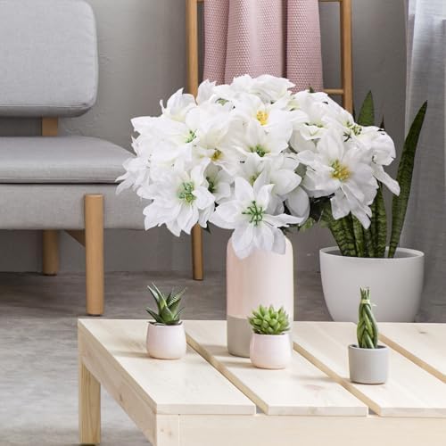 6 Pack Artificial Poinsettia Bushes 138 Inch Faux White Velvet Flowers