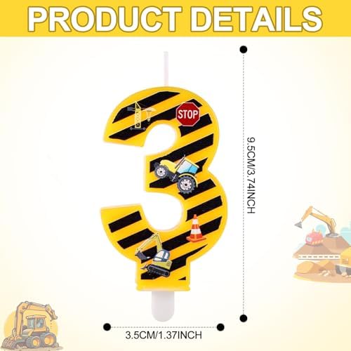 Construction Birthday Candle Number 3 Yellow Black Striped