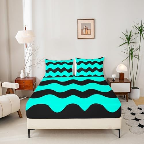 Manfei Geometric Fitted Sheet Set Queen Size Teal Black Microfiber