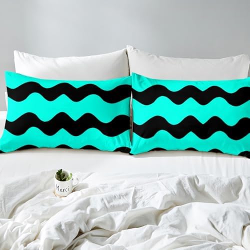 Manfei Geometric Fitted Sheet Set Queen Size Teal Black Microfiber