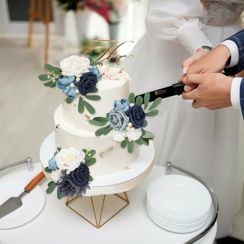 Blue Wedding Cake Toppers with Artificial Flowers 3PCS