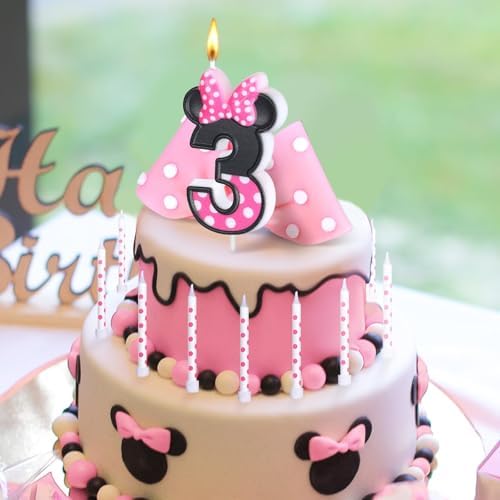 Pink Number 3 Birthday Candle with Mouse Ears Design