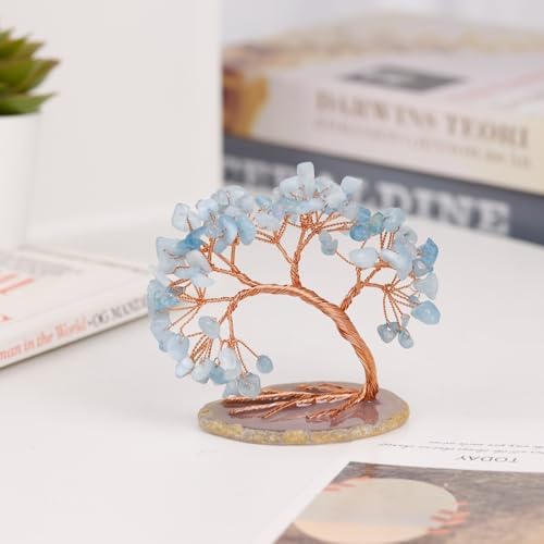 Handmade Aquamarine Crystal Tree of Life on Agate Base