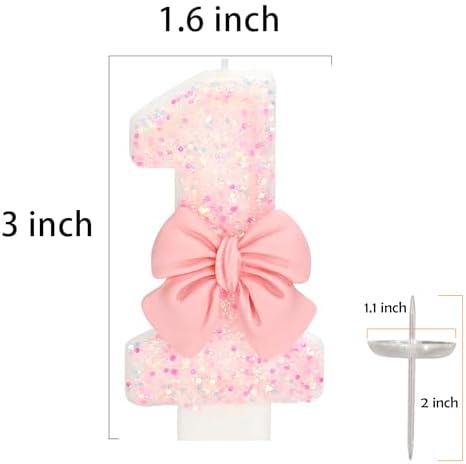 ElekFX Birthday Candle - Pink Glitter Bowknot 1 Year Old