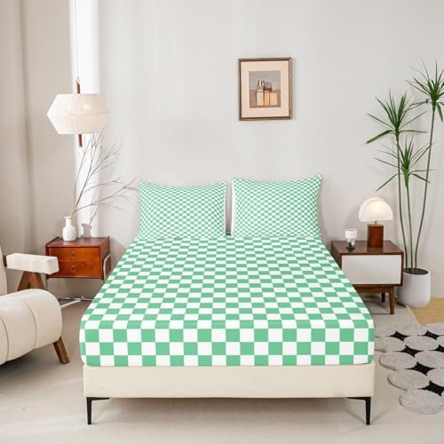 Manfei Green White Queen Fitted Sheet Set with Pillow Case