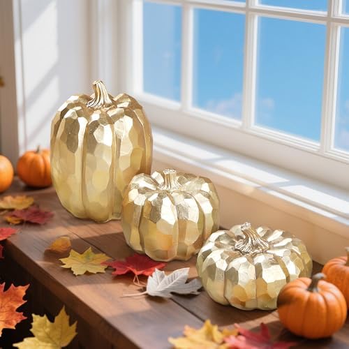 Winemana 3 Pack Gold Artificial Pumpkins for Fall Decorations