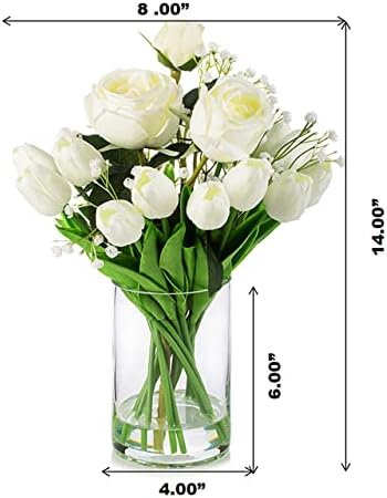 ENOVA FLORAL White Mixed Roses and Tulips Artificial Flowers in Glass Vase