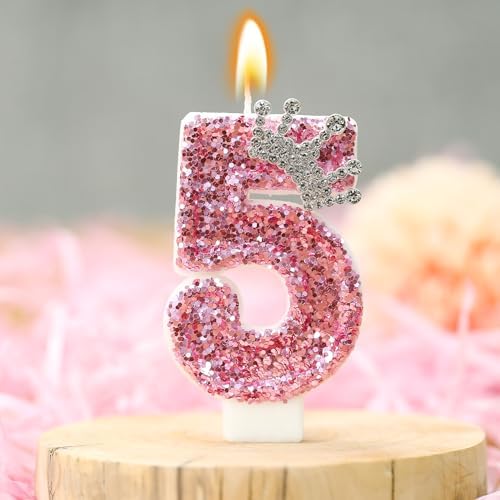 Pink 5 Glitter Birthday Candles with Crown Sequins