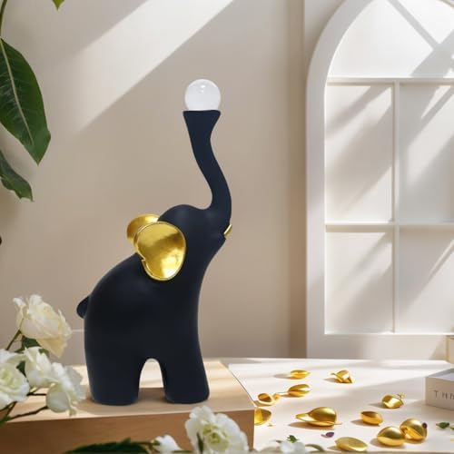 Handcrafted Black Elephant Statue with Golden Ears Crystal Ball