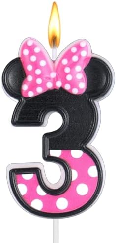 Pink Number 3 Birthday Candle with Mouse Ears Design