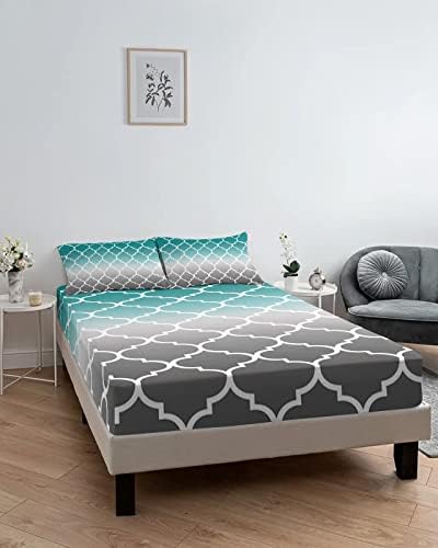 Twin Fitted Sheet Deep Pocket with Teal Gradient Moroccan Patterns