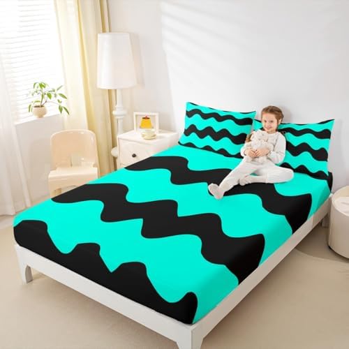 Manfei Geometric Fitted Sheet Set Queen Size Teal Black Microfiber