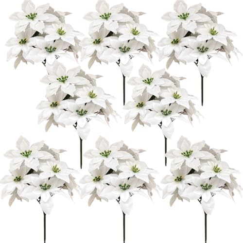 8 Pack 7 Head White Velvet Poinsettia Christmas Decor