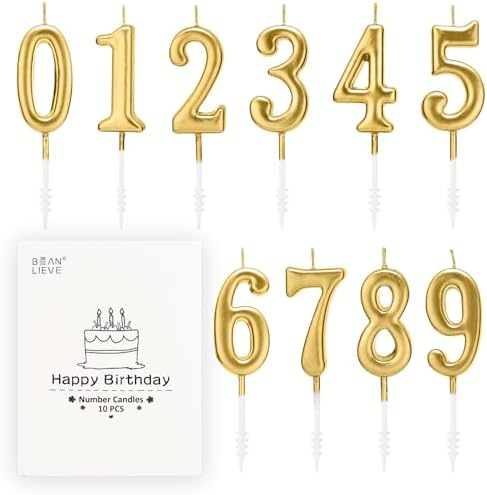 Beanlieve 10-Piece Numeric Birthday Candles - Champagne Gold