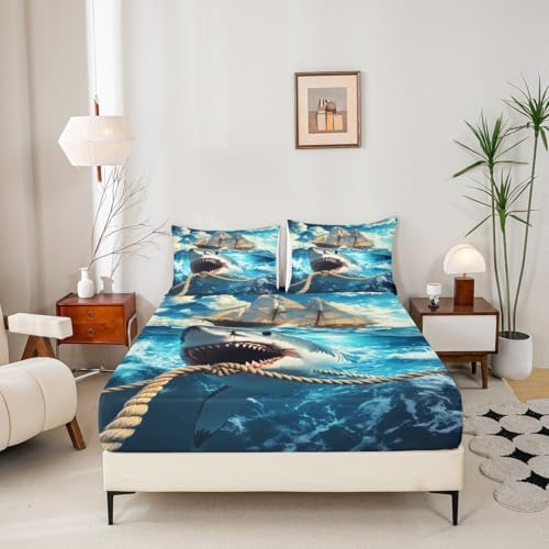 Manfei Nautical Shark Fitted Sheet Set Queen Size