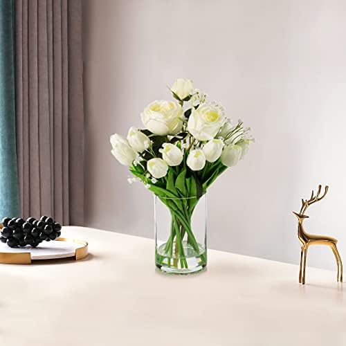 ENOVA FLORAL White Mixed Roses and Tulips Artificial Flowers in Glass Vase