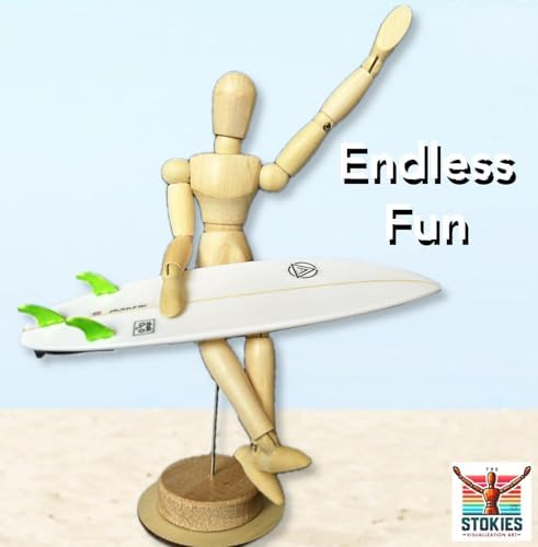 The Stokies 8 Inch Wooden Surf Figure with Real Shortboard