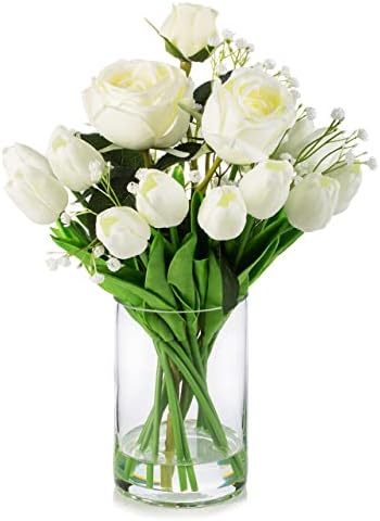 ENOVA FLORAL White Mixed Roses and Tulips Artificial Flowers in Glass Vase