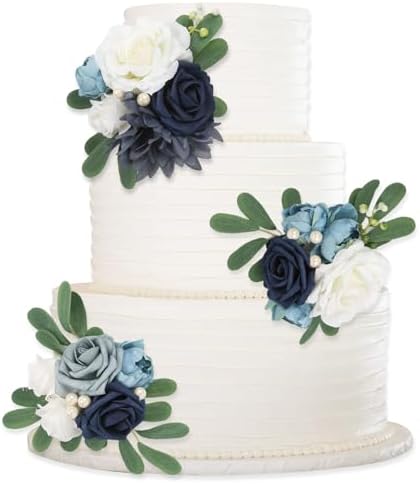 Blue Wedding Cake Toppers with Artificial Flowers 3PCS