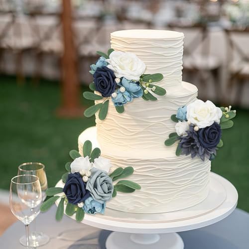 Blue Wedding Cake Toppers with Artificial Flowers 3PCS
