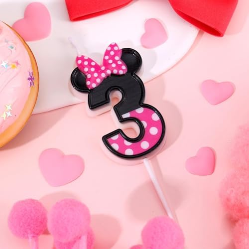 Pink Number 3 Birthday Candle with Mouse Ears Design