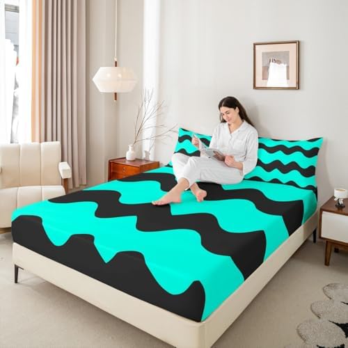 Manfei Geometric Fitted Sheet Set Queen Size Teal Black Microfiber