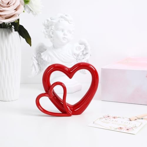 HOMSFOU Red Heart Figurine Ceramic Statue Wedding Decor 1