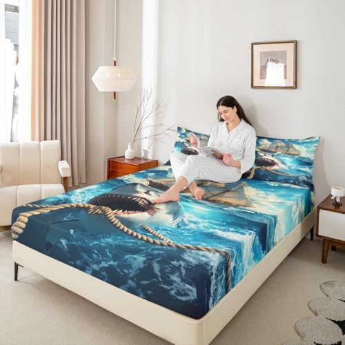 Manfei Nautical Shark Fitted Sheet Set Queen Size