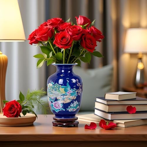 MTME Porcelain Peacock Vase Blue Handmade Home Decor