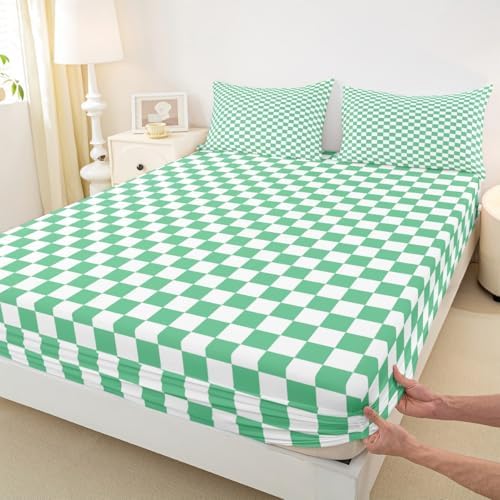 Manfei Green White Queen Fitted Sheet Set with Pillow Case