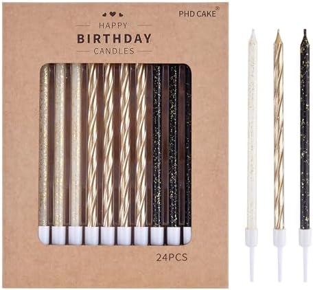 PHD CAKE Gold Black White Long Thin Birthday Candles