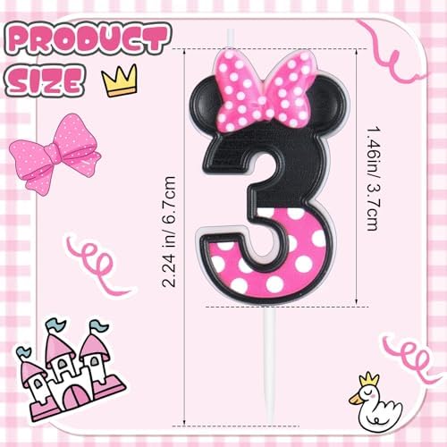 Pink Number 3 Birthday Candle with Mouse Ears Design
