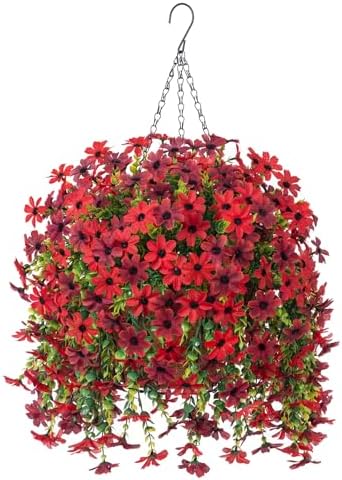 INXUGAO Artificial Hanging Flower Basket with Faux Silk Daisies
