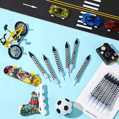 Cindeer 12 Pcs Racing Cars Birthday Candles with Checkered Flag Cupcake Topper