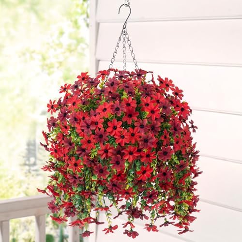 INXUGAO Artificial Hanging Flower Basket with Faux Silk Daisies