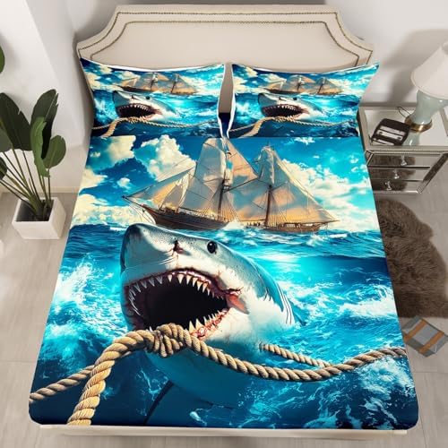 Manfei Nautical Shark Fitted Sheet Set Queen Size