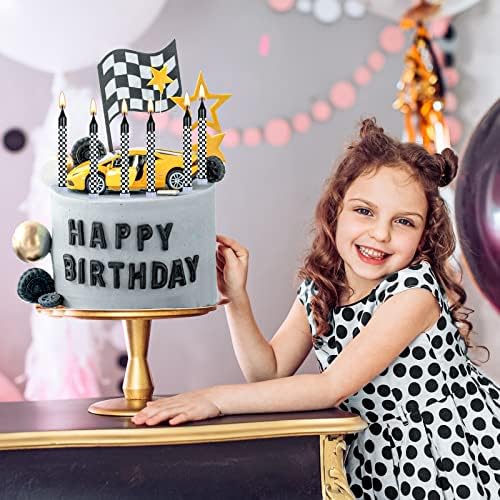 Cindeer 12 Pcs Racing Cars Birthday Candles with Checkered Flag Cupcake Topper