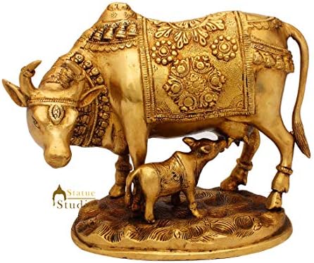 Statuestudio Brass Cow and Calf Idol Statue Glossy 8 4 7 Inches