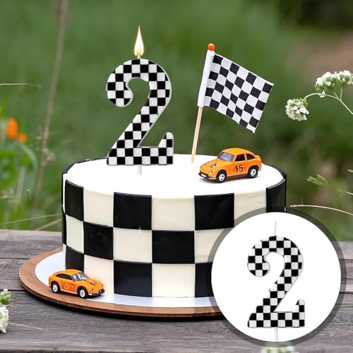 Racing Cars Birthday Candle Number 2 Black and White Cake Topper