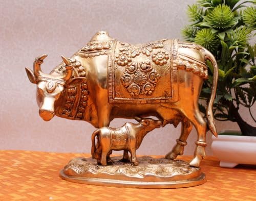 Statuestudio Brass Cow and Calf Idol Statue Glossy 8 4 7 Inches