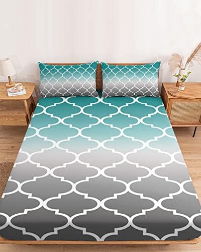 Twin Fitted Sheet Deep Pocket with Teal Gradient Moroccan Patterns