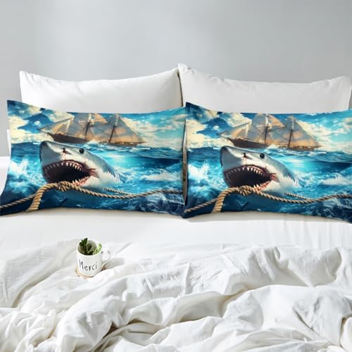 Manfei Nautical Shark Fitted Sheet Set Queen Size